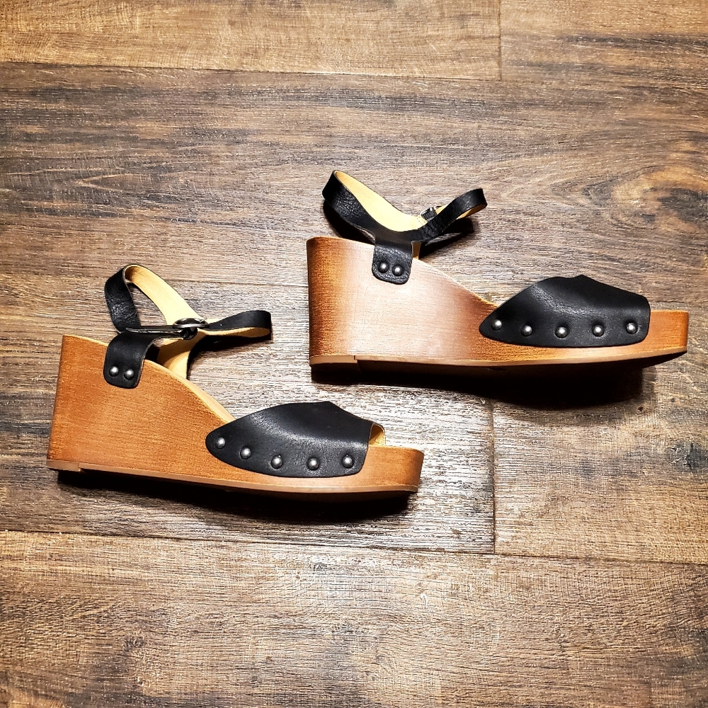 Lucky Brand 8.5/39 Open Toe Black Leather Wooden Platform Wedge Heels Za… - Picture 2 of 5